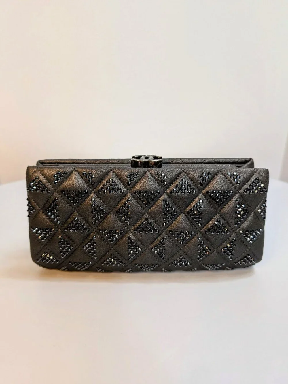 Chanel Timeless Grey Crystal-Studded Suede Diamond-Quilted Clutch
